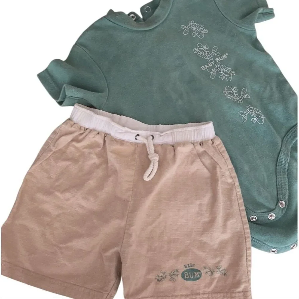 Baby Bum Equipment Retro Green Baby Onsie and Tan Shorts Set 18 Mth